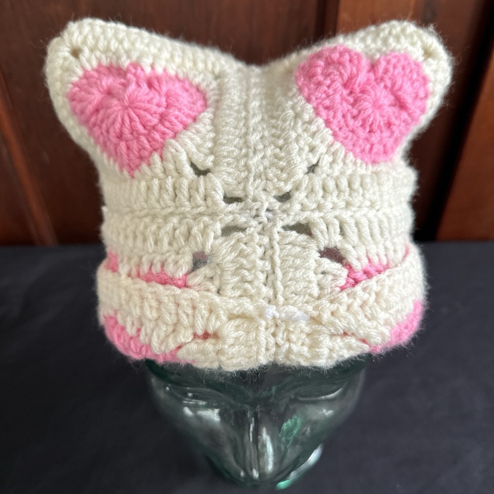 Charming Cream and Pink Heart Crochet Cat Ear Hat